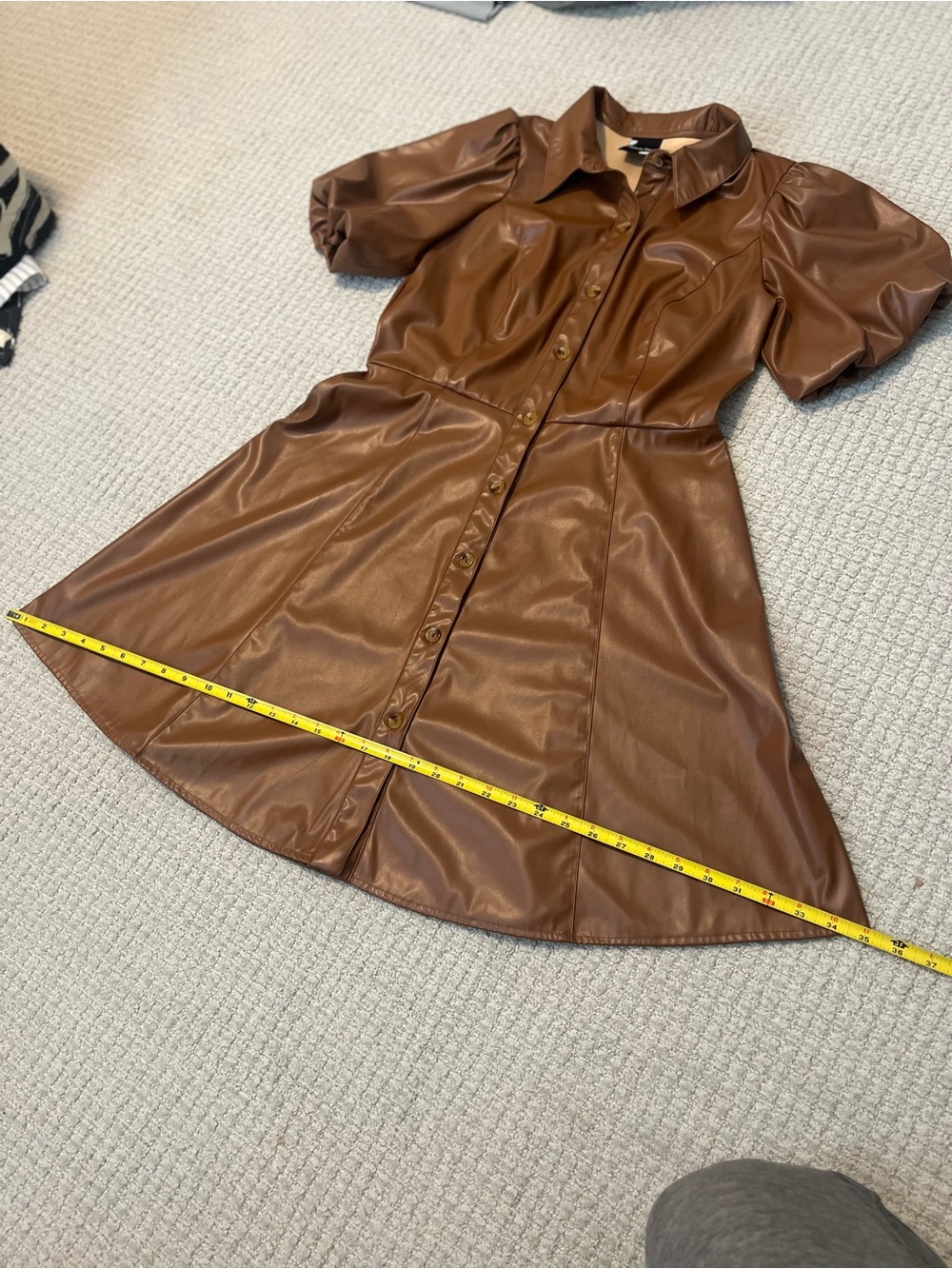 Maison Tara Cognac Faux Leather Puff-Sleeve Button-Front Mini Dress - Picture 11 of 16
